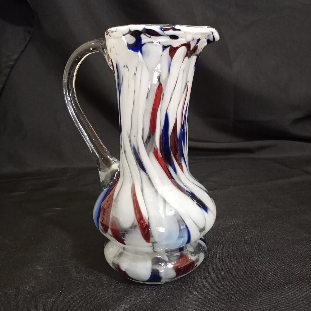 Romania Midcentury Spatter Glass Pitcher Red White Blue